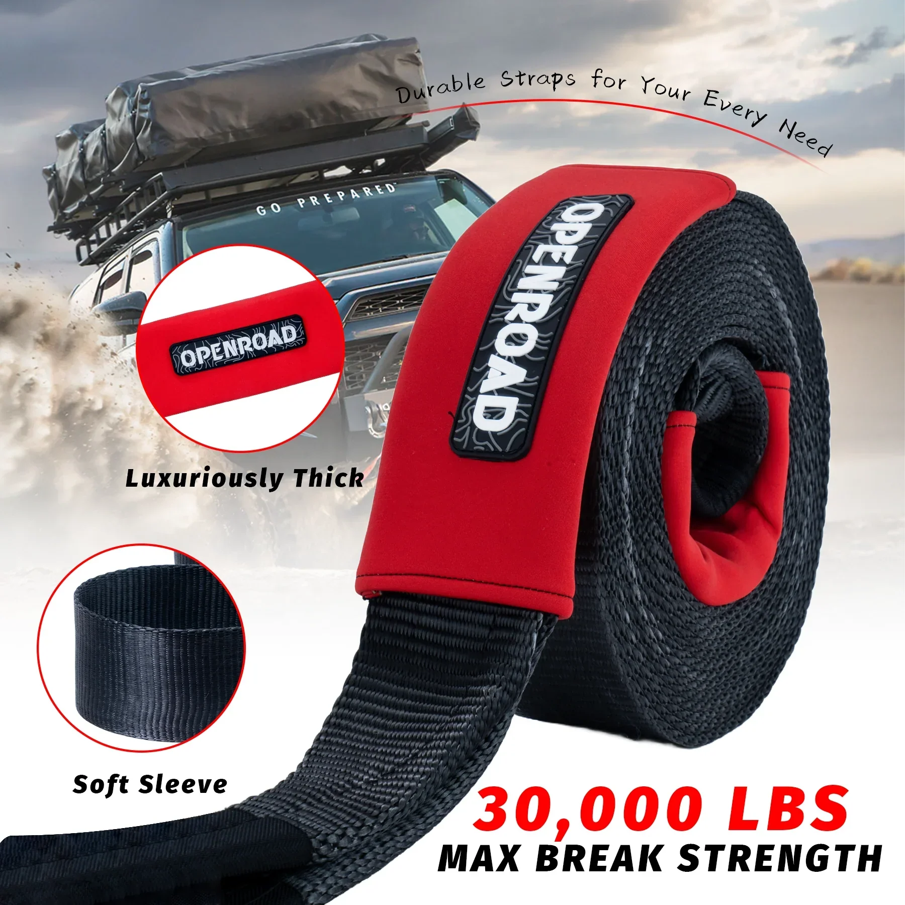 OPENROAD Nylon Heavy Duty Tow Strap Recovery Strap 3" x 30 ft (30,000 lbs) Snatch Strap,  Storage Bag - Image 3