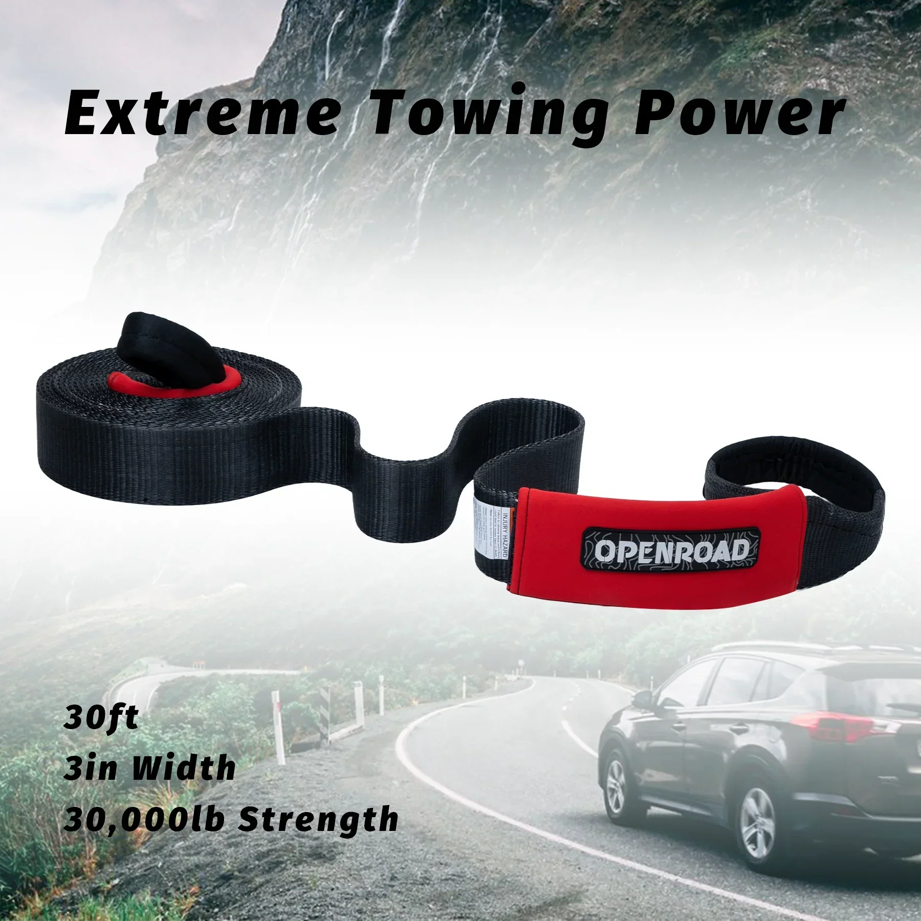 OPENROAD Nylon Heavy Duty Tow Strap Recovery Strap 3" x 30 ft (30,000 lbs) Snatch Strap,  Storage Bag - Image 6