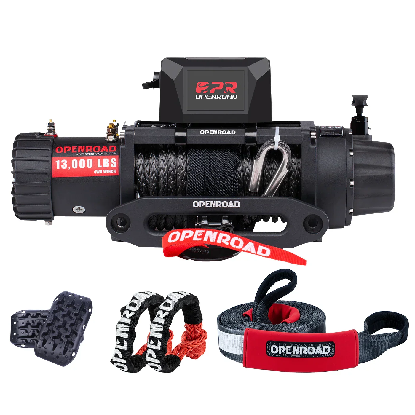 OPENROAD 13,000 lbs Winch with Synthetic Rope and 2 Wireless Remote Controllers - Panther Series 2s+5 Generation Off-road Recovery Traction Boards (2pcs) | Red+Nylon Heavy Duty Tow Strap Recovery Strap+Synthetic SoftShackle Rope