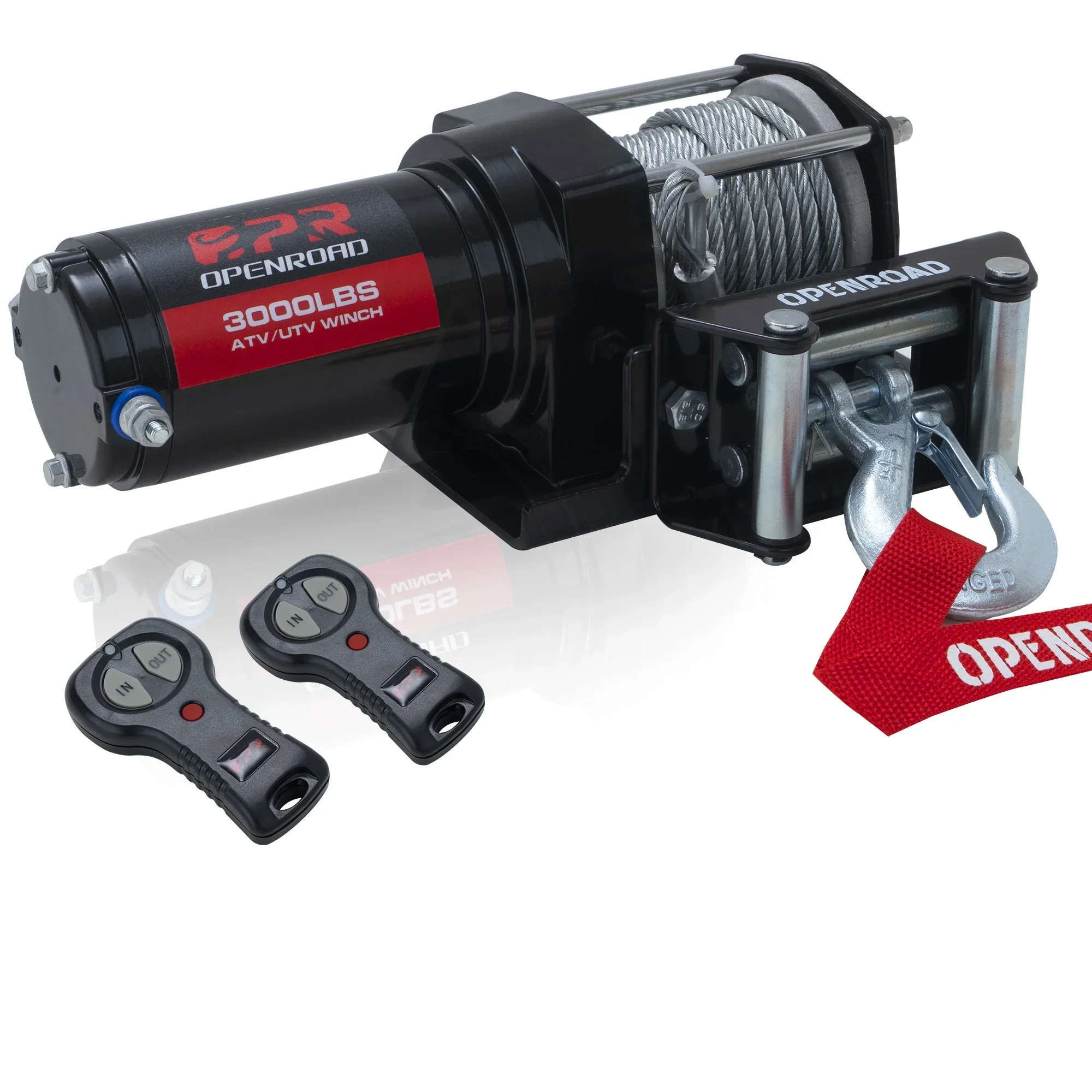 OPENROAD 3000 lbs ATV/UTV Winch – 12V electric winch with wired and wireless remote control, suitable for ATVs and versatile vehicles.