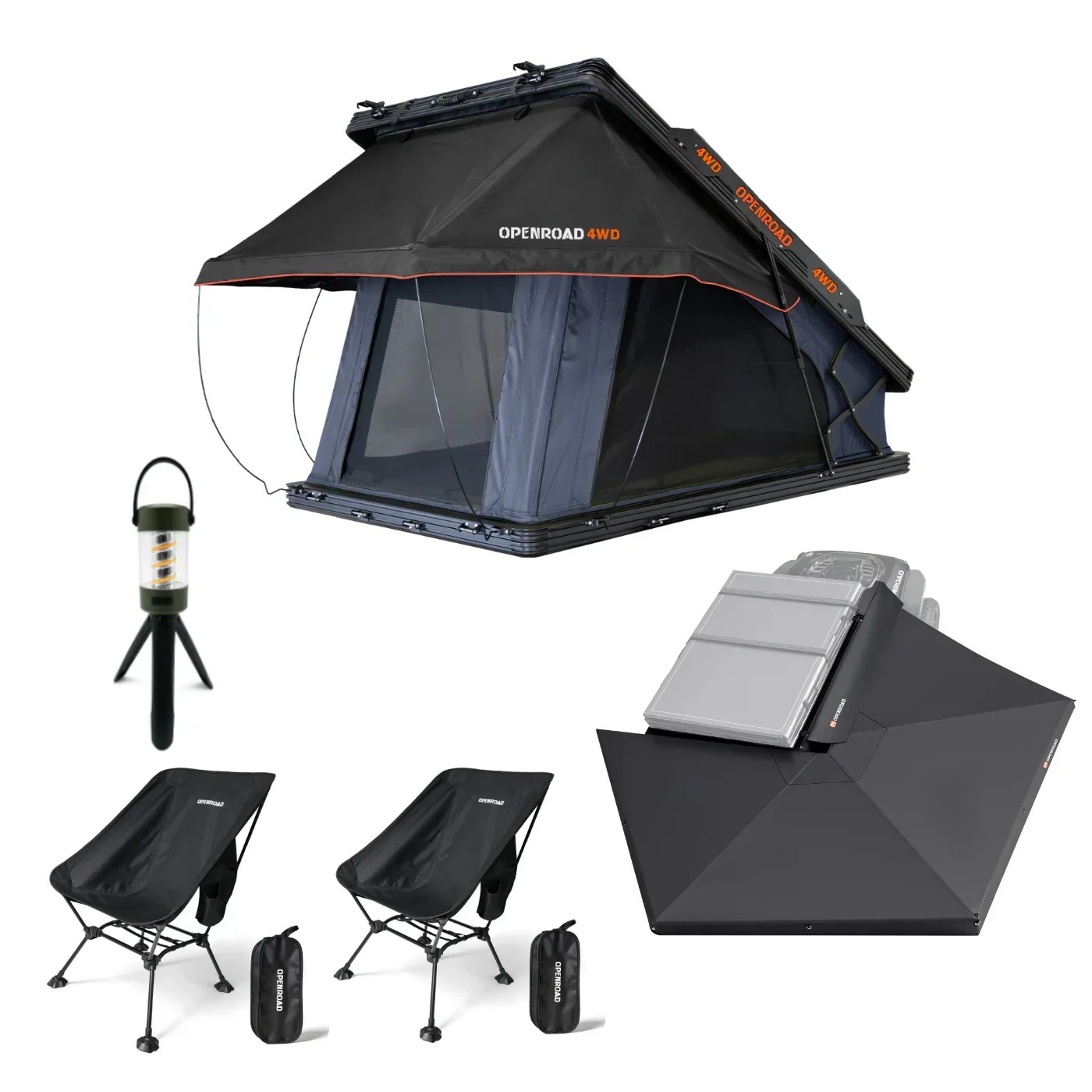 OPENROAD Aluminum Hard Shell Roof Top Tent with 270 Free Standing Awning with Two Lightweight Foldable Chair and Camping Light