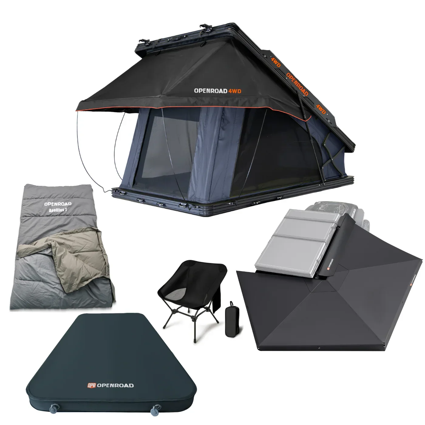 OPENROAD Aluminum Hard Shell Roof Top Tent with 270 Free Standing Awning with Self-Inflating Mattress Pad and Sleeping Bag and Lightweight Foldable Chair